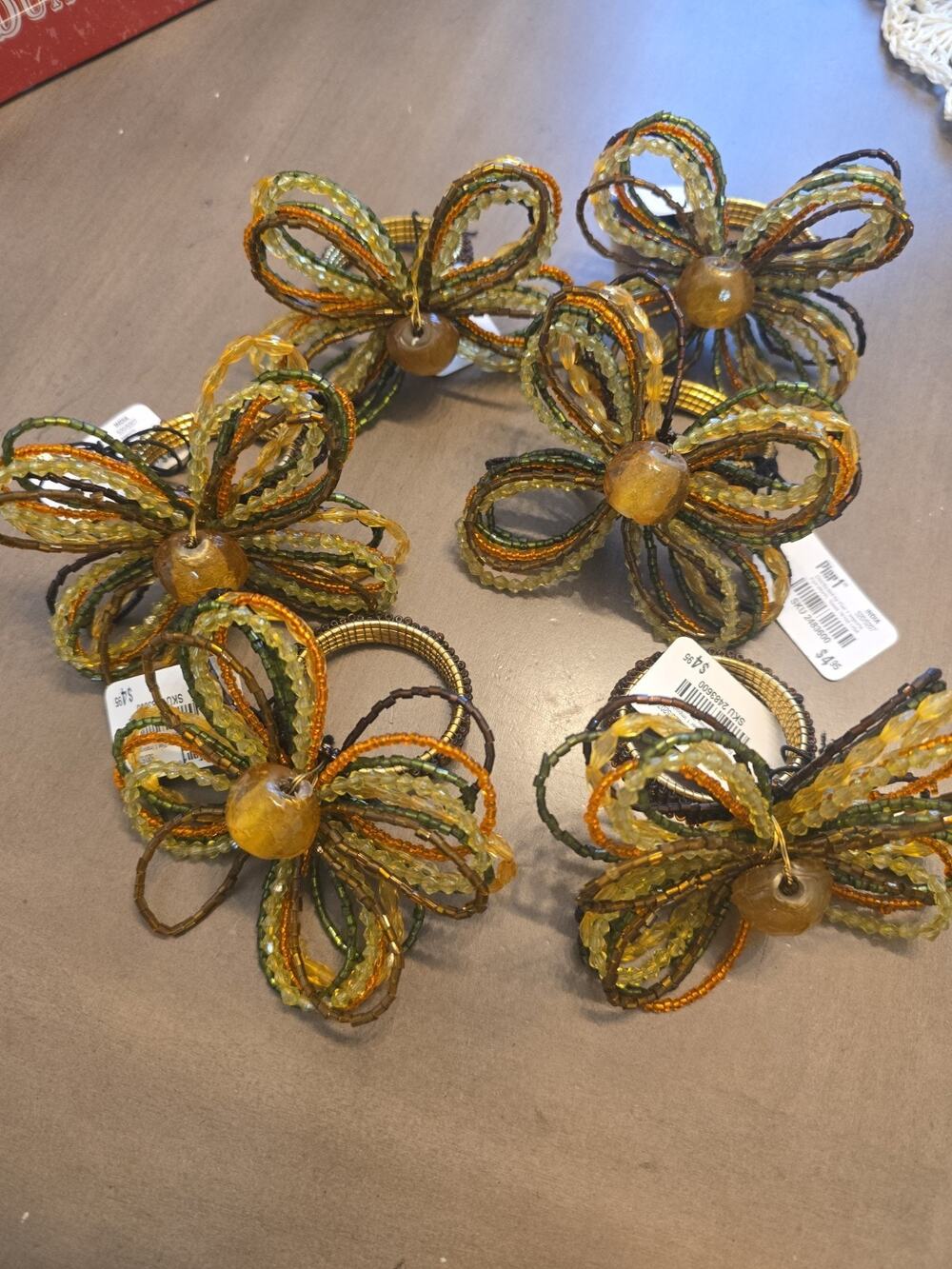 Set of 6 Beaded Flower Napkin Rings Autumn Fall Colors Gold Tone Wire Boho Decor